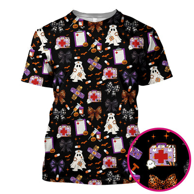 Halloween Nurse Scrub Top - Cute Ghost & Bow Medical Scrubs - Yellow Nursing Shirt with Colorful Halloween Print