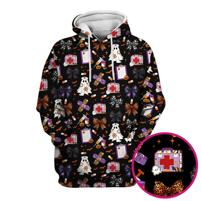 Halloween Nurse Scrub Top - Cute Ghost & Bow Medical Scrubs - Yellow Nursing Shirt with Colorful Halloween Print