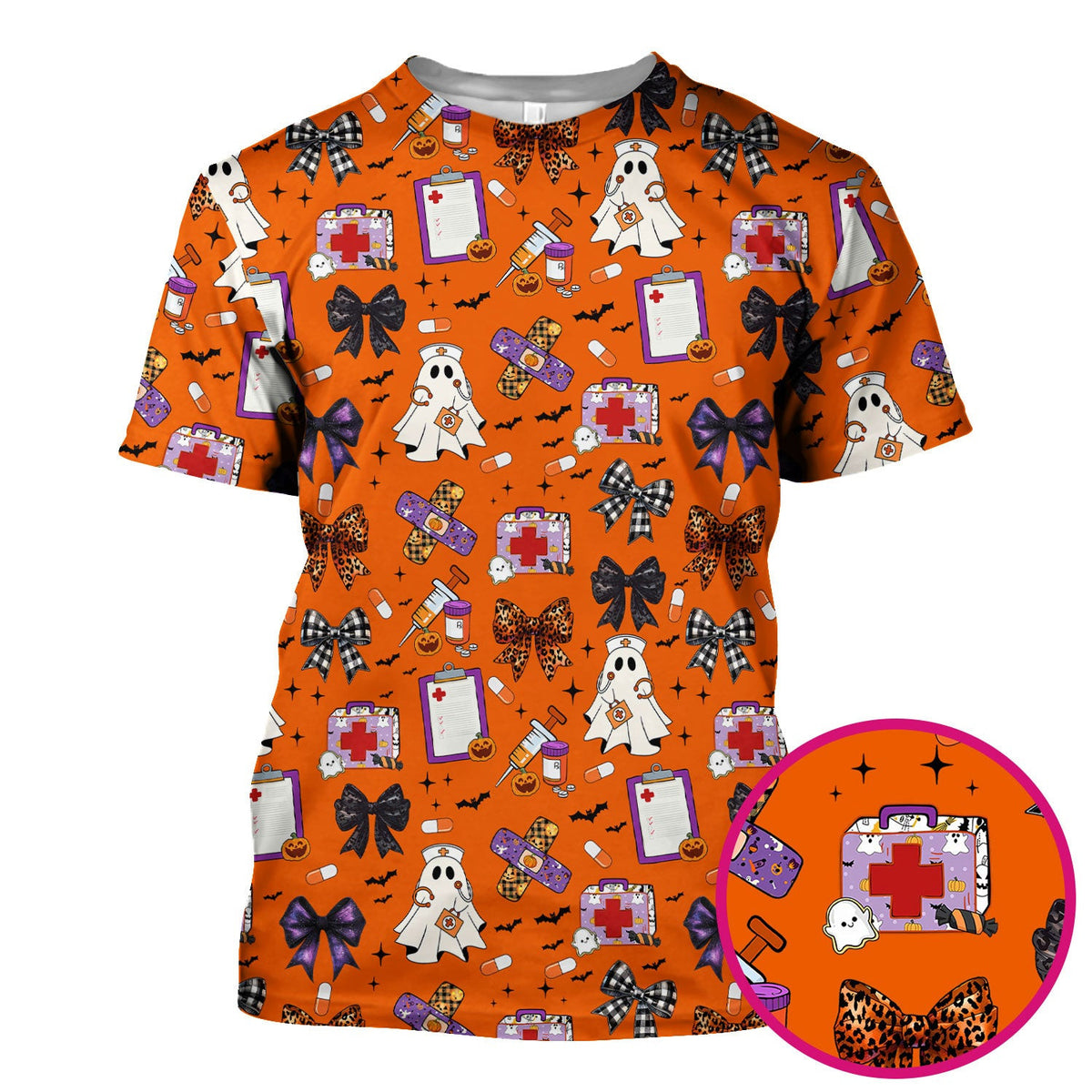 Halloween Nurse Scrub Top - Cute Ghost & Bow Medical Scrubs - Yellow Nursing Shirt with Colorful Halloween Print