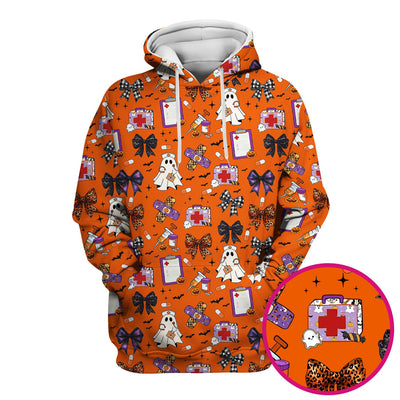 Halloween Nurse Scrub Top - Cute Ghost & Bow Medical Scrubs - Yellow Nursing Shirt with Colorful Halloween Print