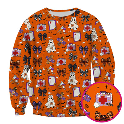 Halloween Nurse Scrub Top - Cute Ghost & Bow Medical Scrubs - Yellow Nursing Shirt with Colorful Halloween Print