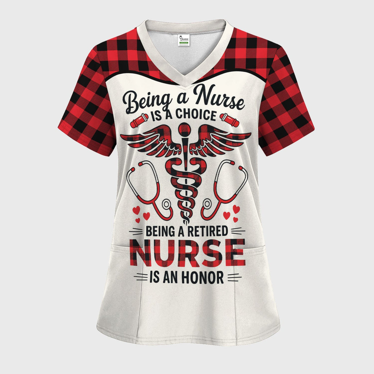 Being a Nurse Is a Choice Retired Nurse Scrub Top - Red Plaid Medical Work Shirt - Retirement Gift for Nurses
