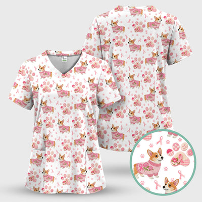 Corgi Pink Ribbon Scrub for Women - Breast Cancer Awareness Shirt - Floral Dog Paw Print Nursing Uniform - Support Gift