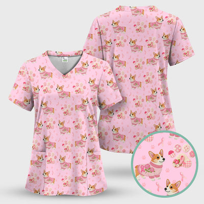 Corgi Pink Ribbon Scrub for Women - Breast Cancer Awareness Shirt - Floral Dog Paw Print Nursing Uniform - Support Gift