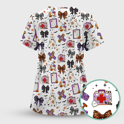 Spooky Cute Nurse Scrubs Top - Ghost, Pumpkin & Bow Print - Fun Halloween Medical Shirt for Women Nurses