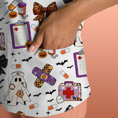 Spooky Cute Nurse Scrubs Top - Ghost, Pumpkin & Bow Print - Fun Halloween Medical Shirt for Women Nurses