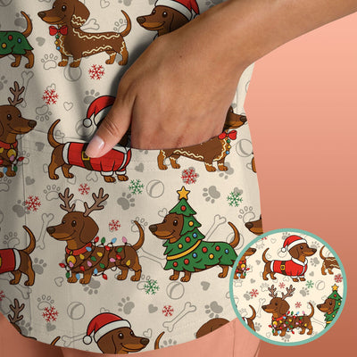 Christmas Dachshund Scrub Top - Funny Sausage Dog Wiener Holiday Nurse Shirt - Xmas Medical Uniform Gift for RN CNA LPN