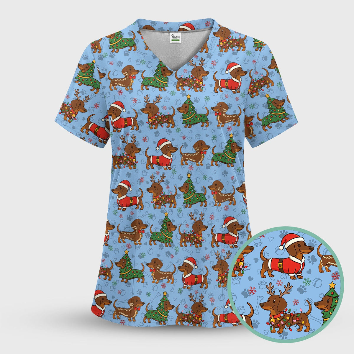 Christmas Dachshund Scrub Top - Funny Sausage Dog Wiener Holiday Nurse Shirt - Xmas Medical Uniform Gift for RN CNA LPN