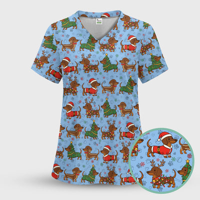 Christmas Dachshund Scrub Top - Funny Sausage Dog Wiener Holiday Nurse Shirt - Xmas Medical Uniform Gift for RN CNA LPN