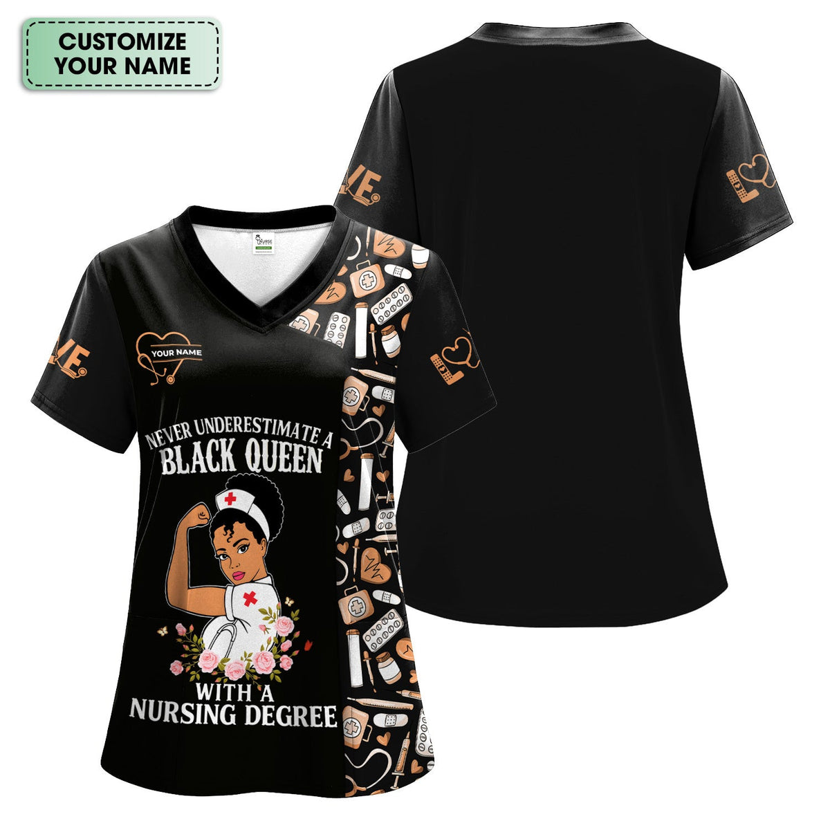 Personalized Nurse Scrub Top for Women - Black Queen With A Nursing Degree - RN LPN CNA Healthcare Workers Gift