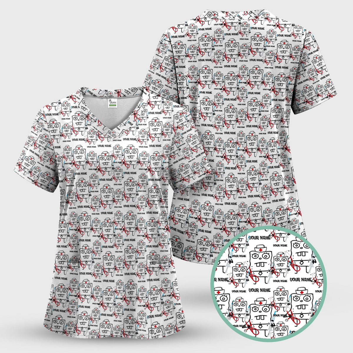 Personalized Doodle Bob Nurse Scrub - Funny Cartoon Medical Design - Custom Gift for RN MD CNA Healthcare