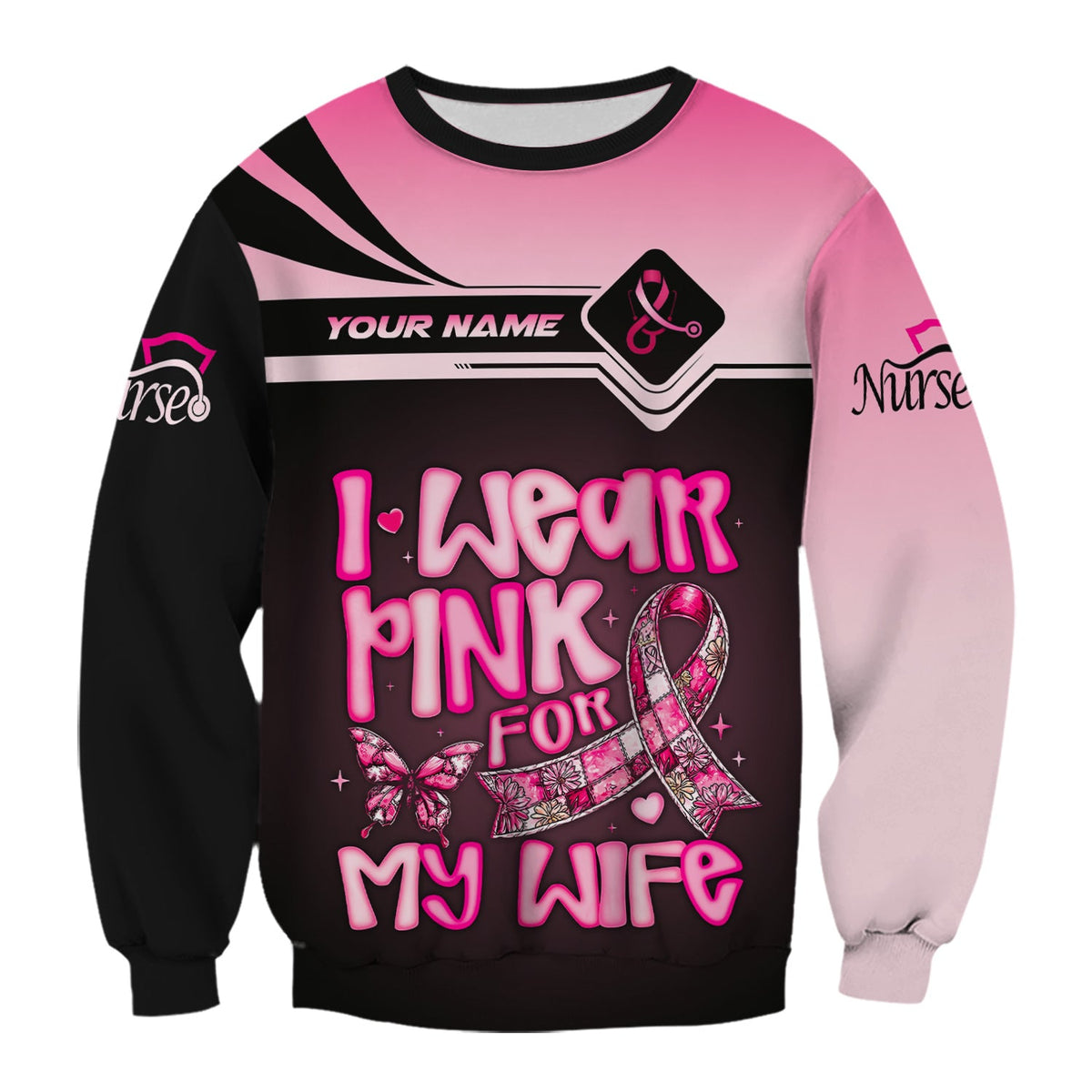 Personalized Breast Cancer Awareness Scrub Top - I Wear Pink For My Wife - RN LPN CNA Healthcare Workers Gift