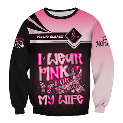 Personalized Breast Cancer Awareness Scrub Top - I Wear Pink For My Wife - RN LPN CNA Healthcare Workers Gift