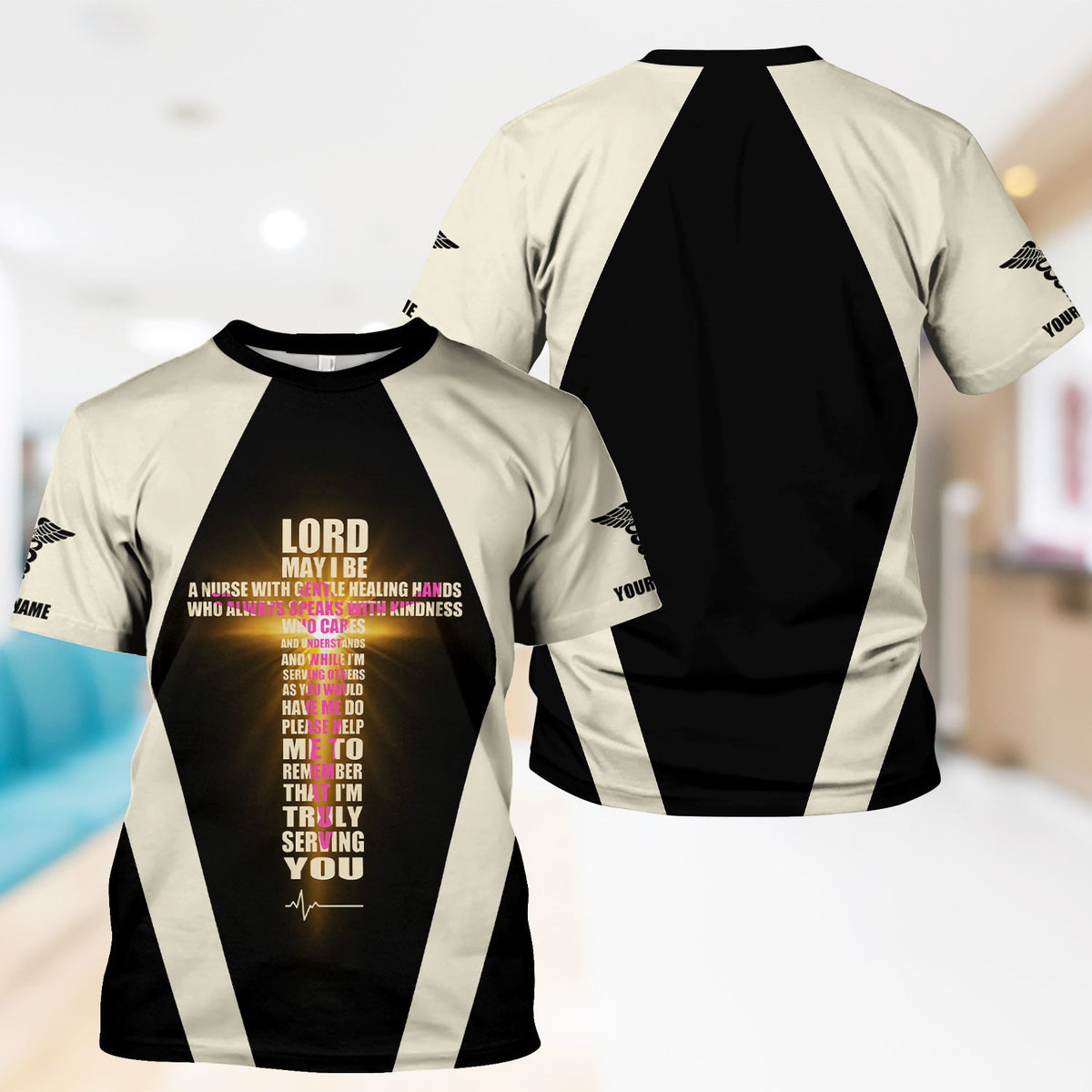 Personalized Christian Nurse Shirt - Lord Prayer Healing Hands Quote - Custom Name RN LPN CNA Healthcare Workers Gift