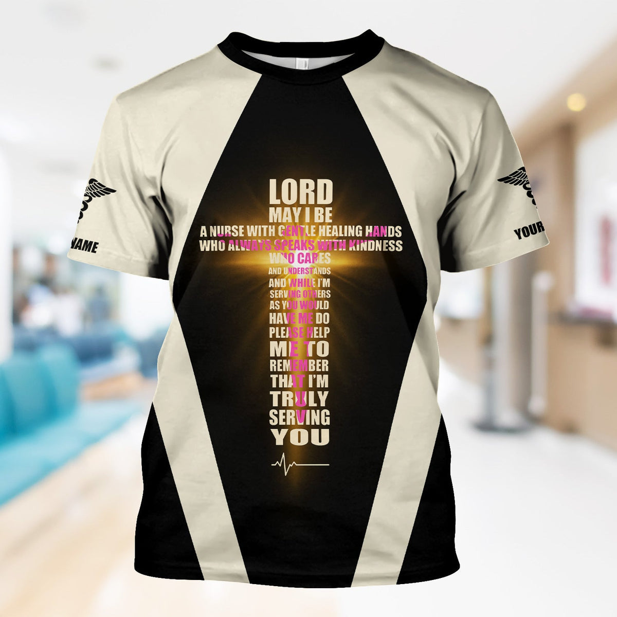 Personalized Christian Nurse Shirt - Lord Prayer Healing Hands Quote - Custom Name RN LPN CNA Healthcare Workers Gift