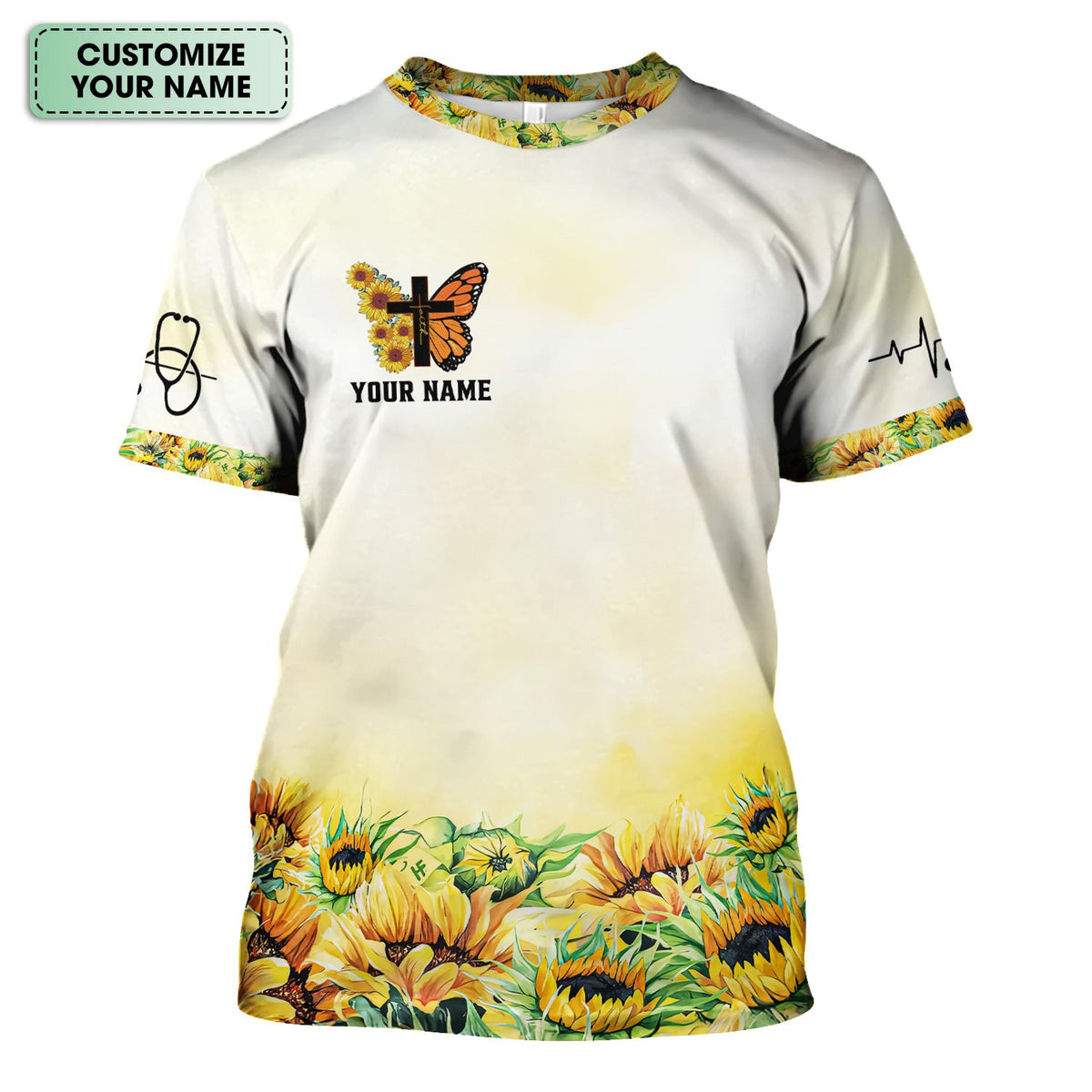 Personalized Christian Nurse Scrub Top - Sunflower Butterfly Cross & Bible Verse - Gift for RN LPN CNA Healthcare Workers