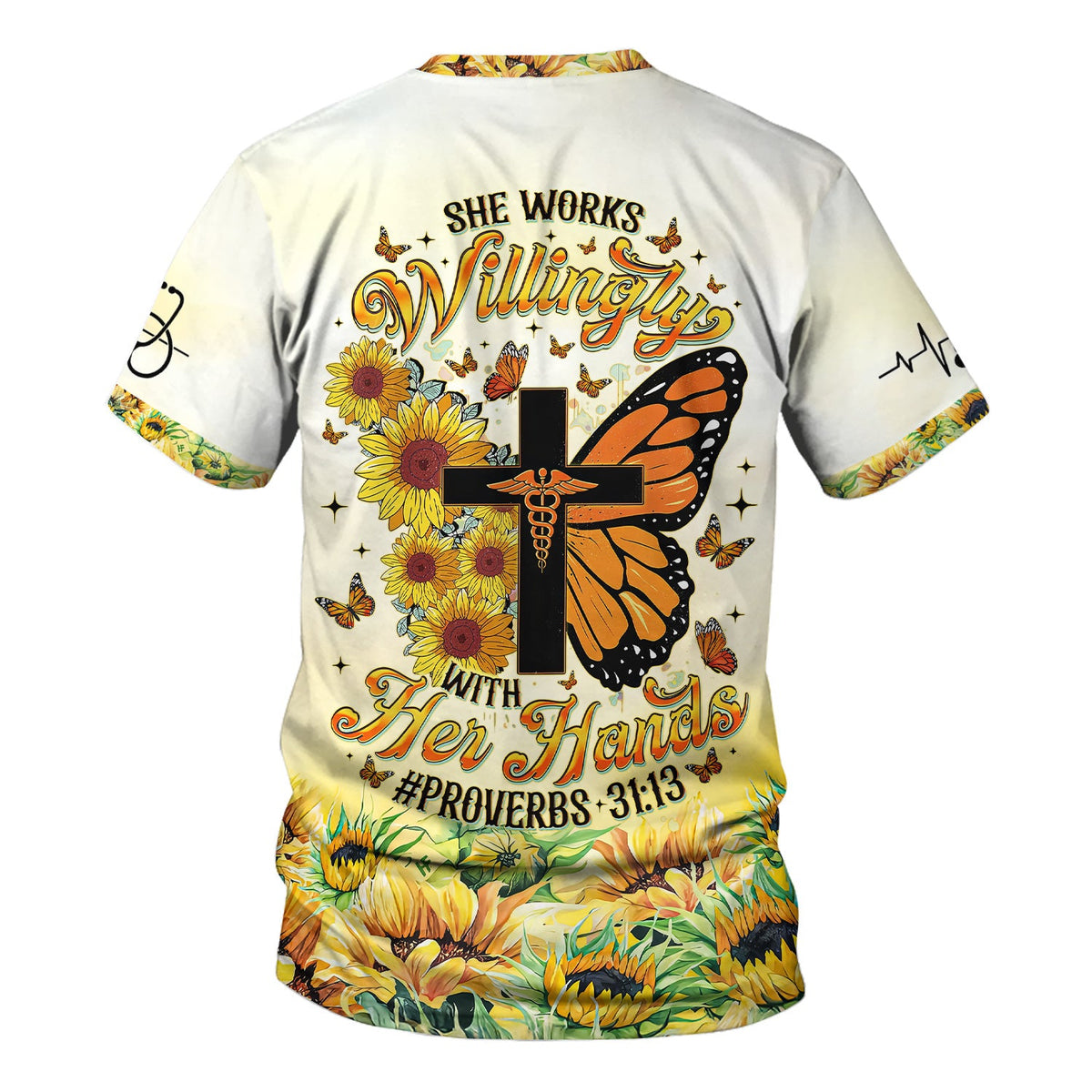 Personalized Christian Nurse Scrub Top - Sunflower Butterfly Cross & Bible Verse - Gift for RN LPN CNA Healthcare Workers