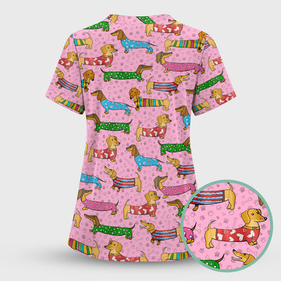 Cute Dachshund Dog Scrub for Nurse - Funny Animal Lover Top for Women - RN LPN CNA Healthcare Workers Gift