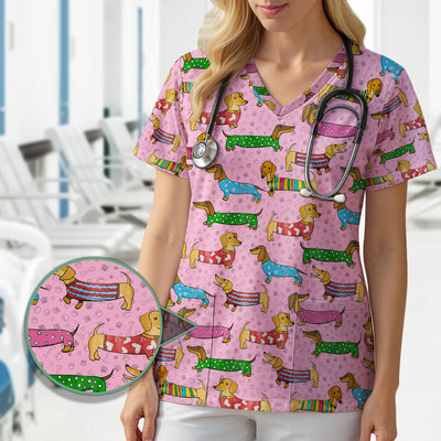Cute Dachshund Dog Scrub for Nurse - Funny Animal Lover Top for Women - RN LPN CNA Healthcare Workers Gift