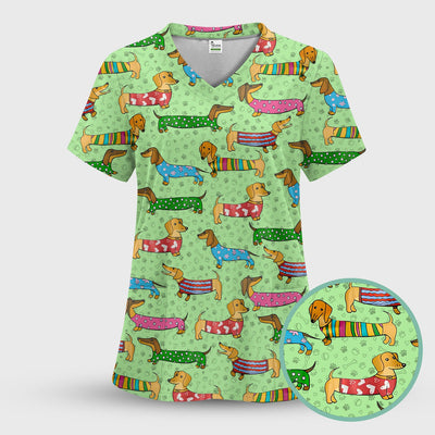 Cute Dachshund Dog Scrub for Nurse - Funny Animal Lover Top for Women - RN LPN CNA Healthcare Workers Gift