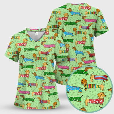 Cute Dachshund Dog Scrub for Nurse - Funny Animal Lover Top for Women - RN LPN CNA Healthcare Workers Gift