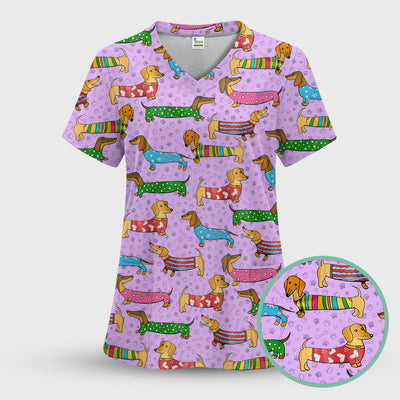 Cute Dachshund Dog Scrub for Nurse - Funny Animal Lover Top for Women - RN LPN CNA Healthcare Workers Gift