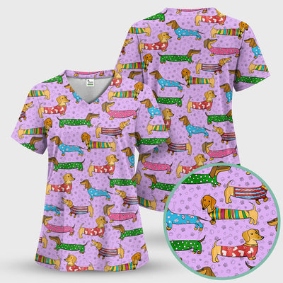 Cute Dachshund Dog Scrub for Nurse - Funny Animal Lover Top for Women - RN LPN CNA Healthcare Workers Gift