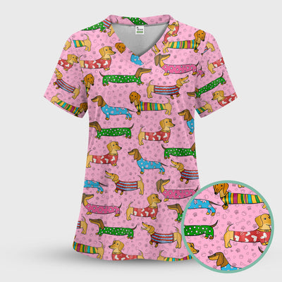 Cute Dachshund Dog Scrub for Nurse - Funny Animal Lover Top for Women - RN LPN CNA Healthcare Workers Gift