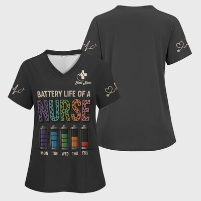 Personalized Nurse Scrub Top - Battery Life of a Nurse Graphic Design - RN LPN CNA Healthcare Workers Gift
