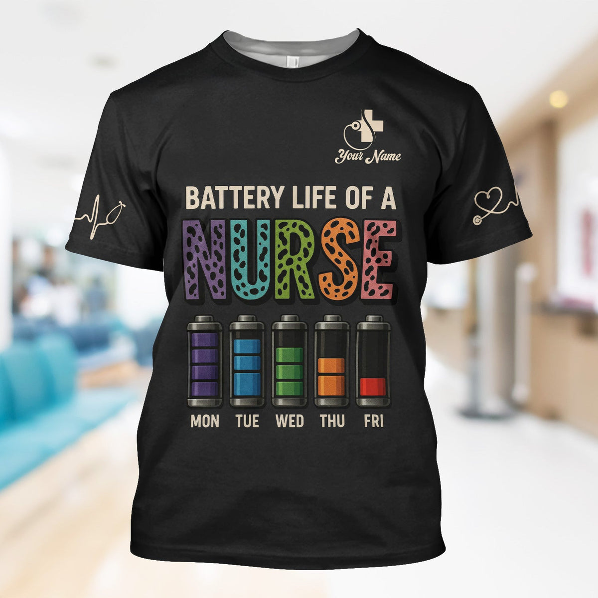 Personalized Nurse Scrub Top - Battery Life of a Nurse Graphic Design - RN LPN CNA Healthcare Workers Gift
