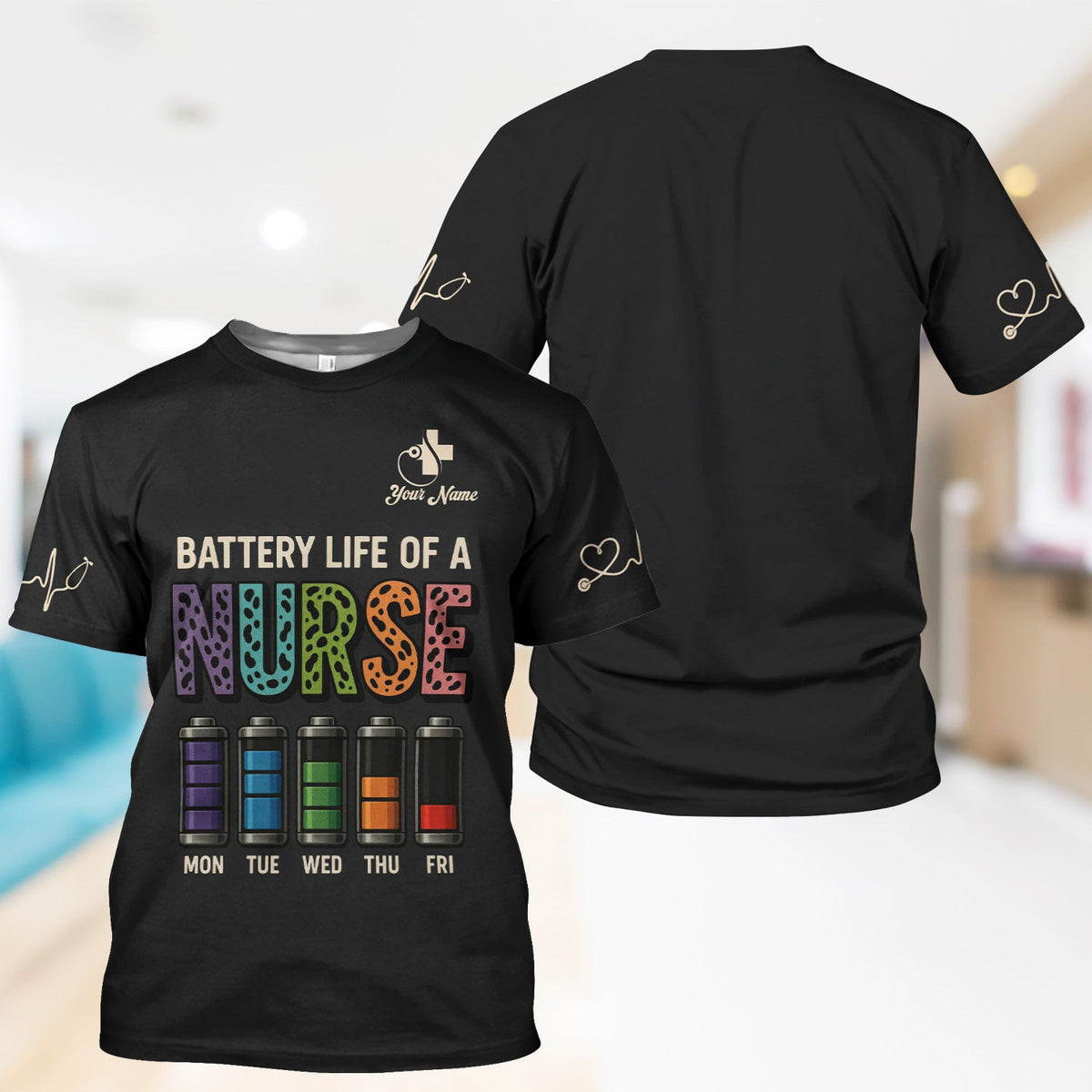 Personalized Nurse Scrub Top - Battery Life of a Nurse Graphic Design - RN LPN CNA Healthcare Workers Gift