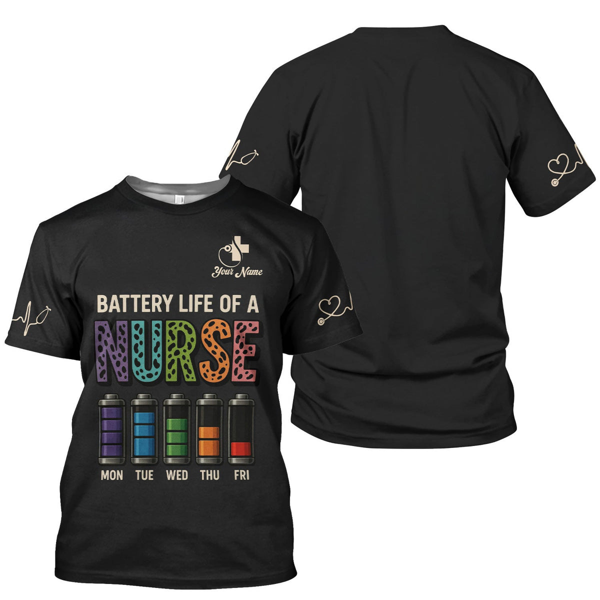 Personalized Nurse Scrub Top - Battery Life of a Nurse Graphic Design - RN LPN CNA Healthcare Workers Gift