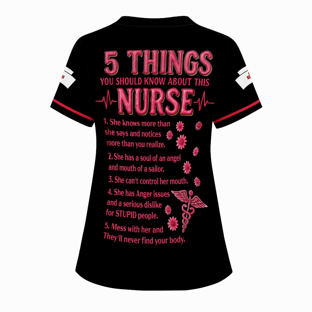 Custom Nurse Scrub Top for CNA RN LPN - Funny 5 Things You Should Know About This Nurse - Healthcare Worker & Medical Staff Gift
