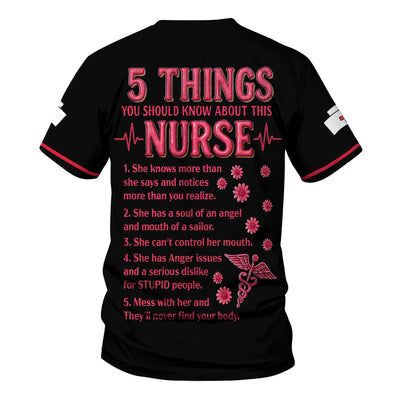 Custom Nurse Scrub Top for CNA RN LPN - Funny 5 Things You Should Know About This Nurse - Healthcare Worker & Medical Staff Gift