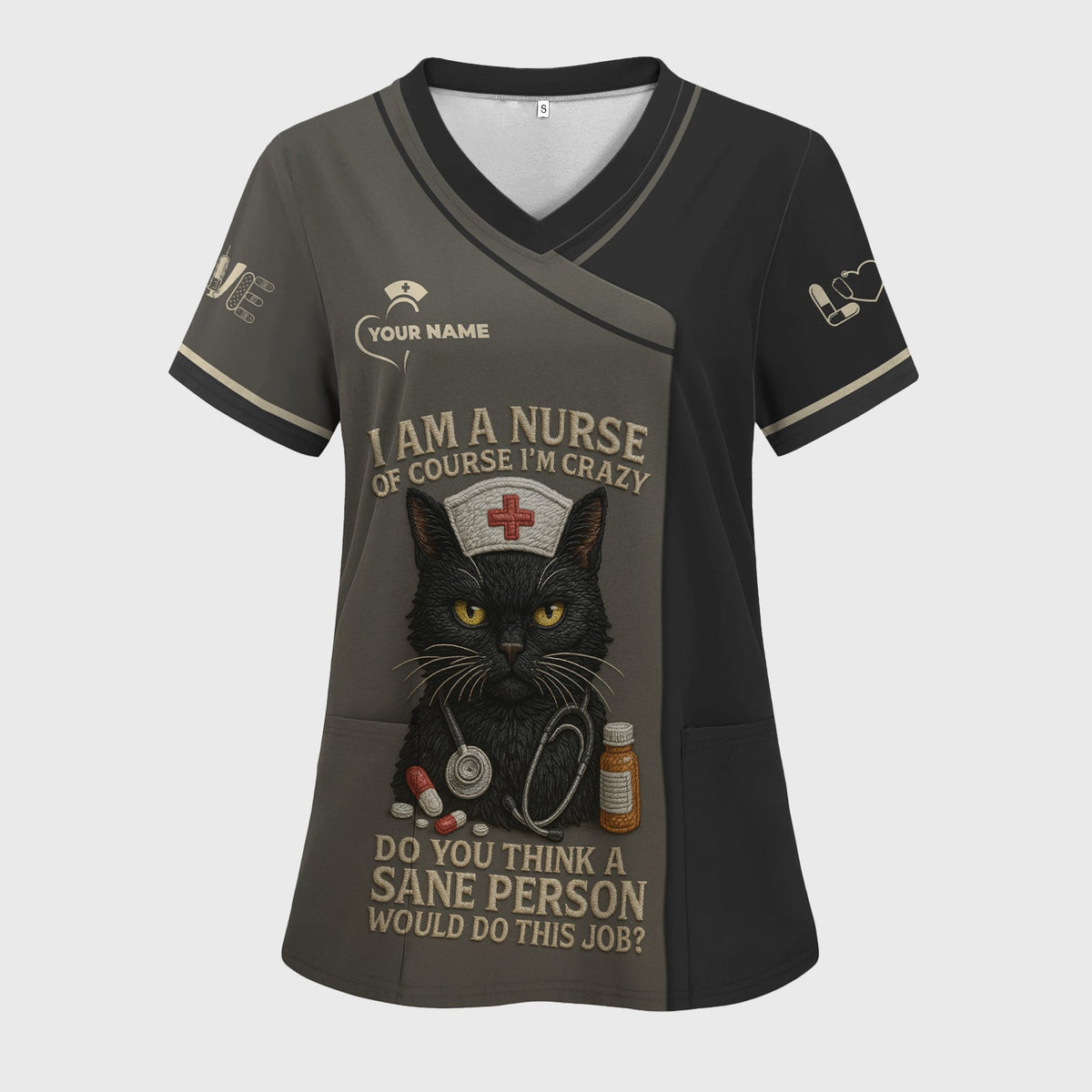 Personalized Funny Black Cat Nurse Scrub Top - Crazy Cute Cat Nurse Medical Design - Gift for RN LPN CNA Nursing Staff