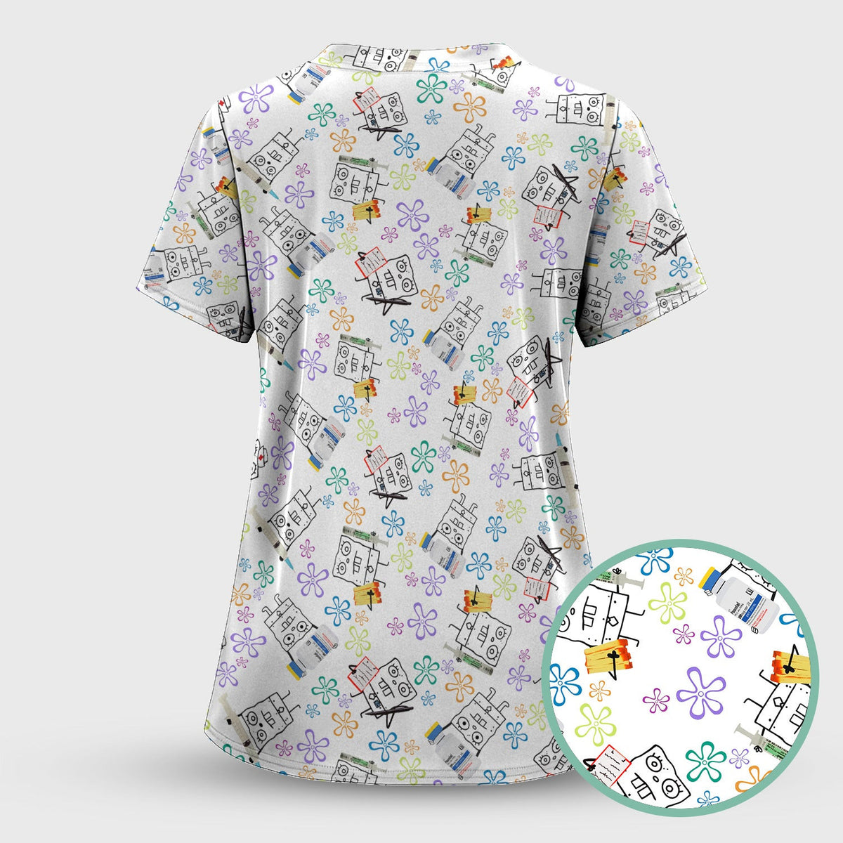 Funny Doodle Bob Energy Drink Nurse Scrub - Cartoon Medical Top for Women - RN MD CNA RT Paramedic Healthcare Gift