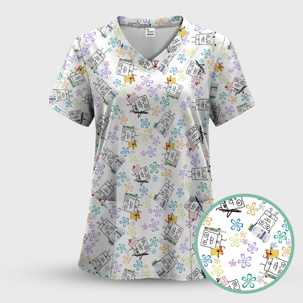 Funny Doodle Bob Energy Drink Nurse Scrub - Cartoon Medical Top for Women - RN MD CNA RT Paramedic Healthcare Gift