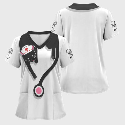 Custom Black Cat Nurse Scrub Top - Funny Cat Lover Scrubs for Women - Gift for RN LPN CNA