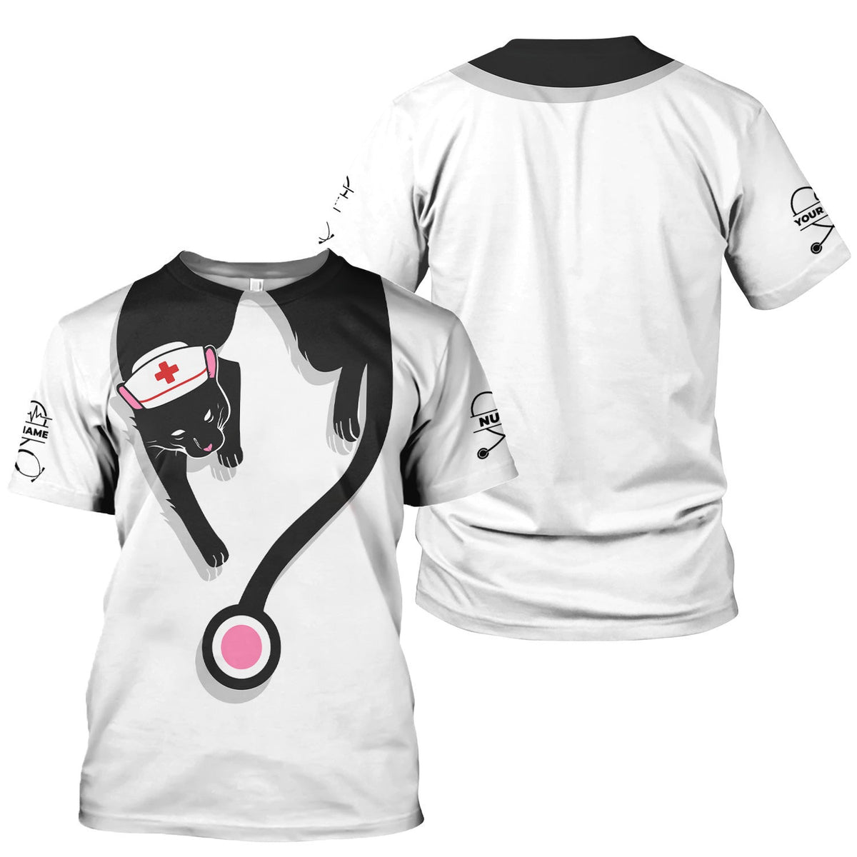 Custom Black Cat Nurse Scrub Top - Funny Cat Lover Scrubs for Women - Gift for RN LPN CNA