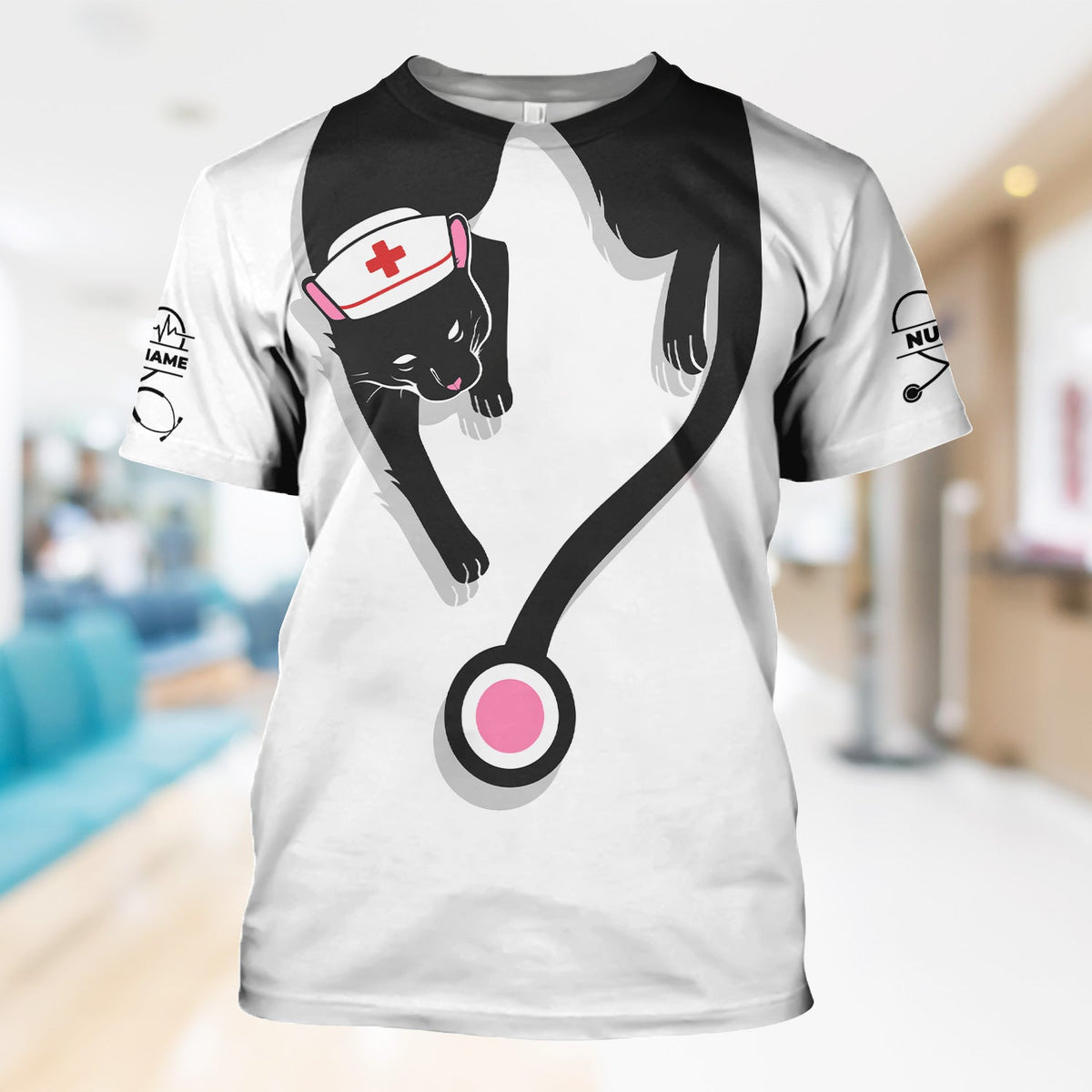 Custom Black Cat Nurse Scrub Top - Funny Cat Lover Scrubs for Women - Gift for RN LPN CNA