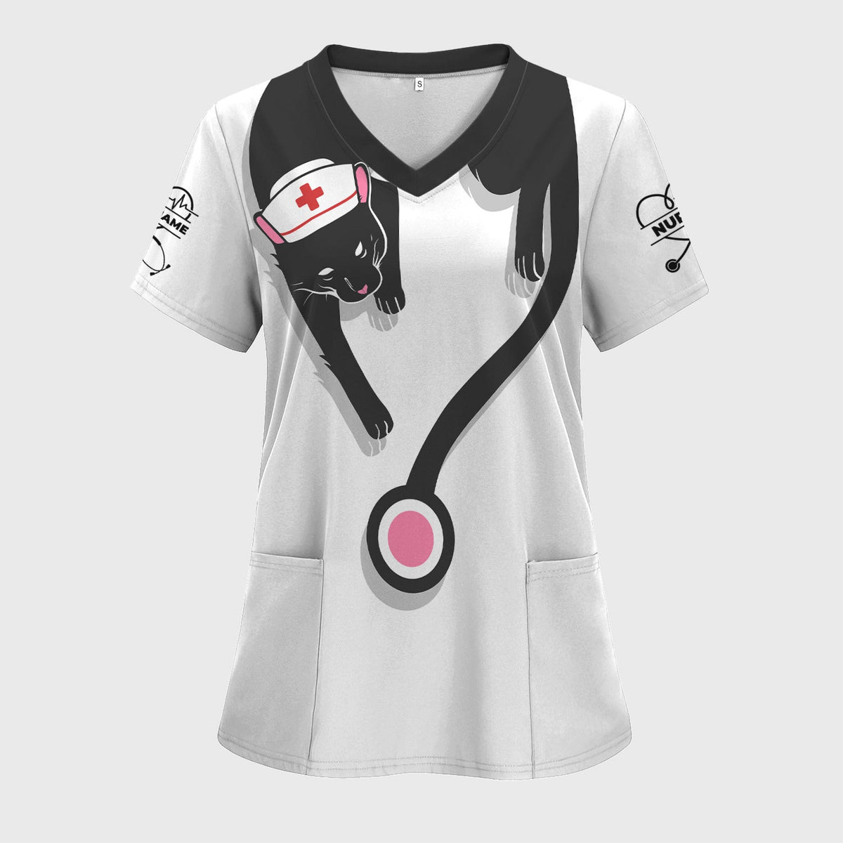 Custom Black Cat Nurse Scrub Top - Funny Cat Lover Scrubs for Women - Gift for RN LPN CNA