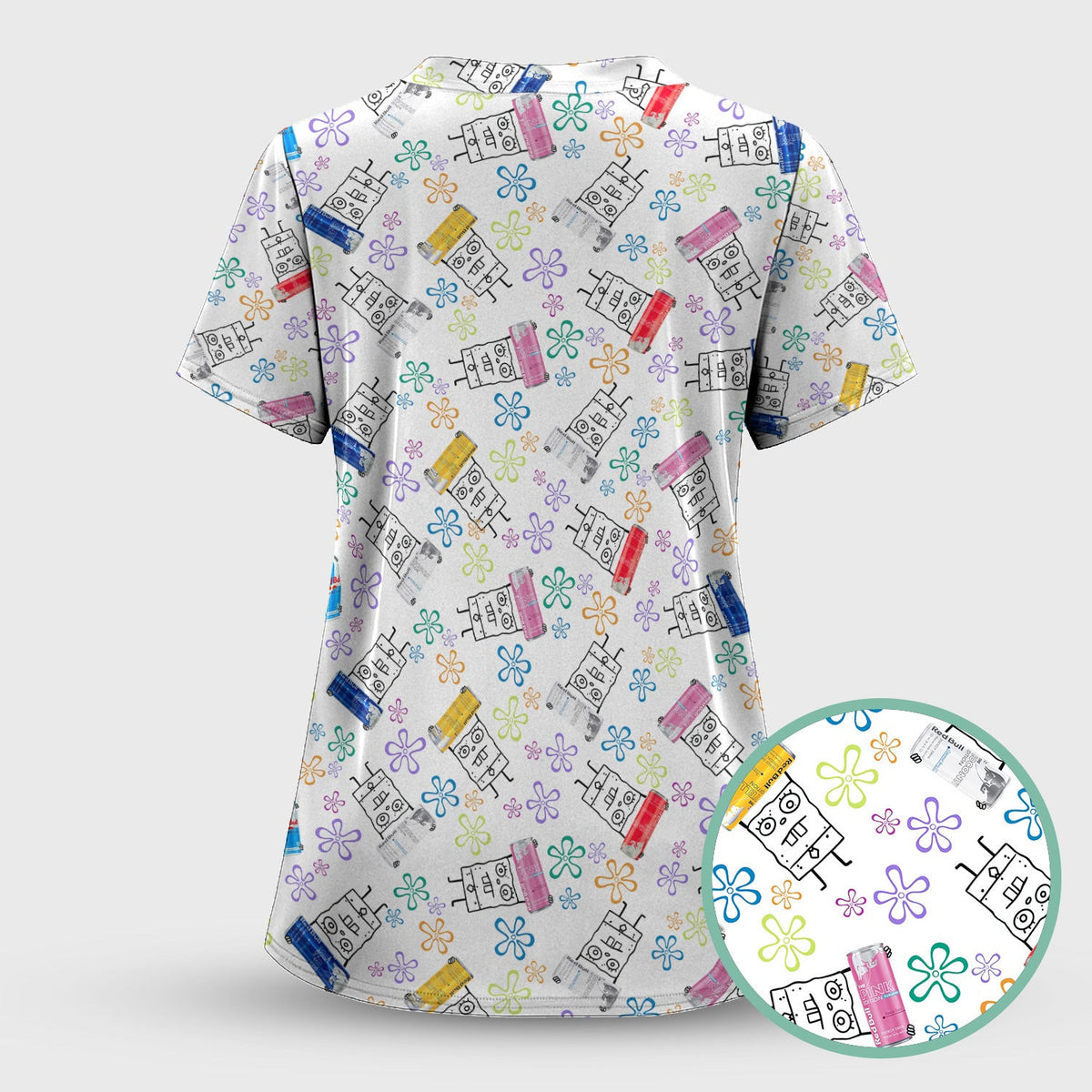Doodle Bob Energy Drink Nurse Scrub Top - Cute Cartoon Medical Design - RN MD CNA RT Paramedic Healthcare Gift