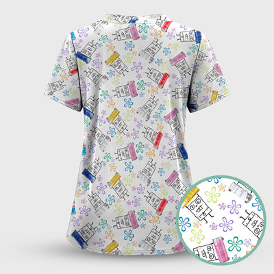Doodle Bob Energy Drink Nurse Scrub Top - Cute Cartoon Medical Design - RN MD CNA RT Paramedic Healthcare Gift