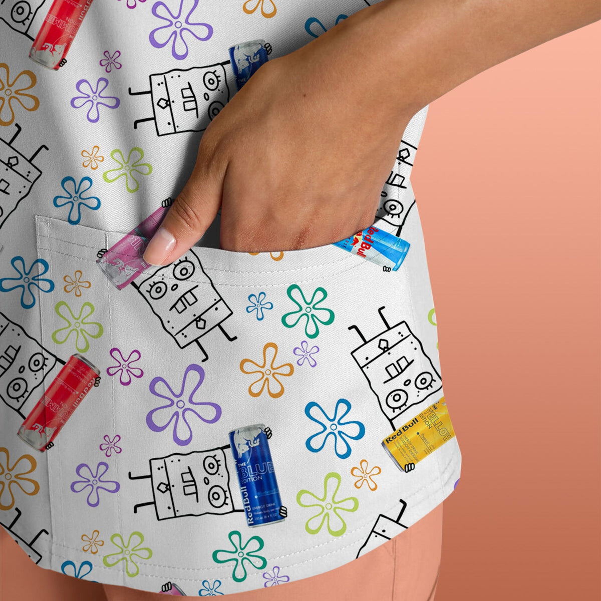 Doodle Bob Energy Drink Nurse Scrub Top - Cute Cartoon Medical Design - RN MD CNA RT Paramedic Healthcare Gift