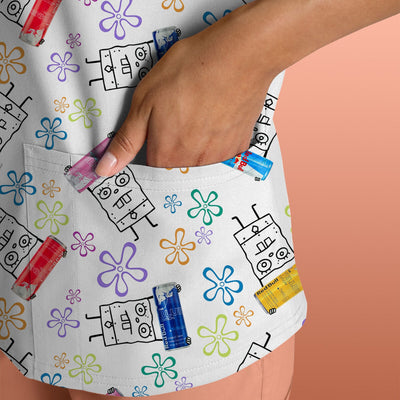 Doodle Bob Energy Drink Nurse Scrub Top - Cute Cartoon Medical Design - RN MD CNA RT Paramedic Healthcare Gift