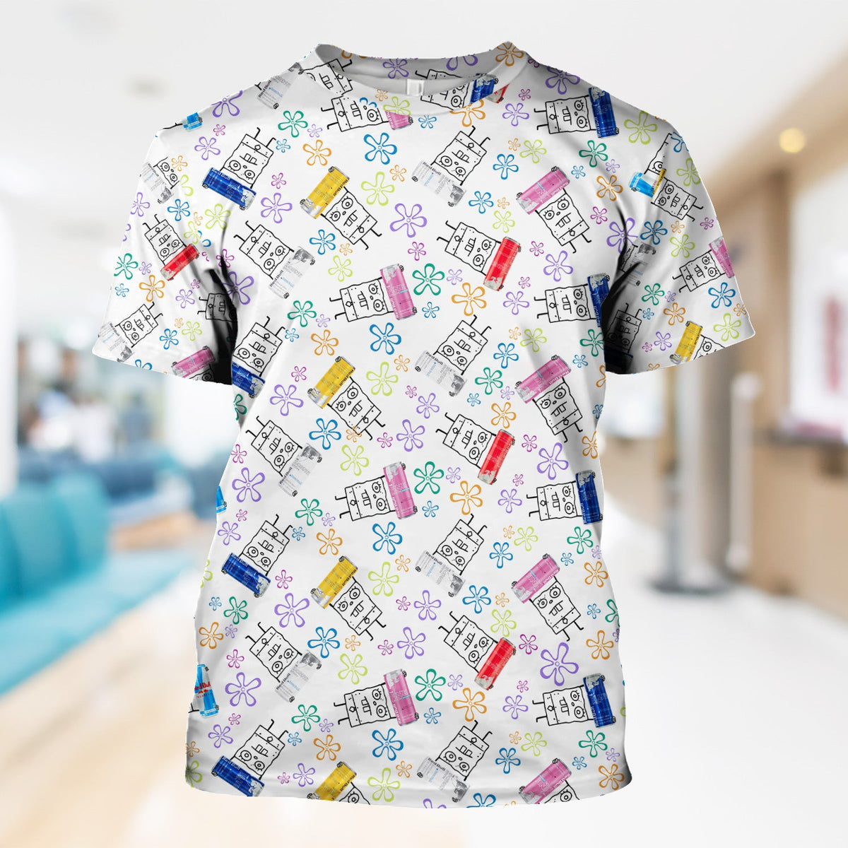 Doodle Bob Energy Drink Nurse Scrub Top - Cute Cartoon Medical Design - RN MD CNA RT Paramedic Healthcare Gift