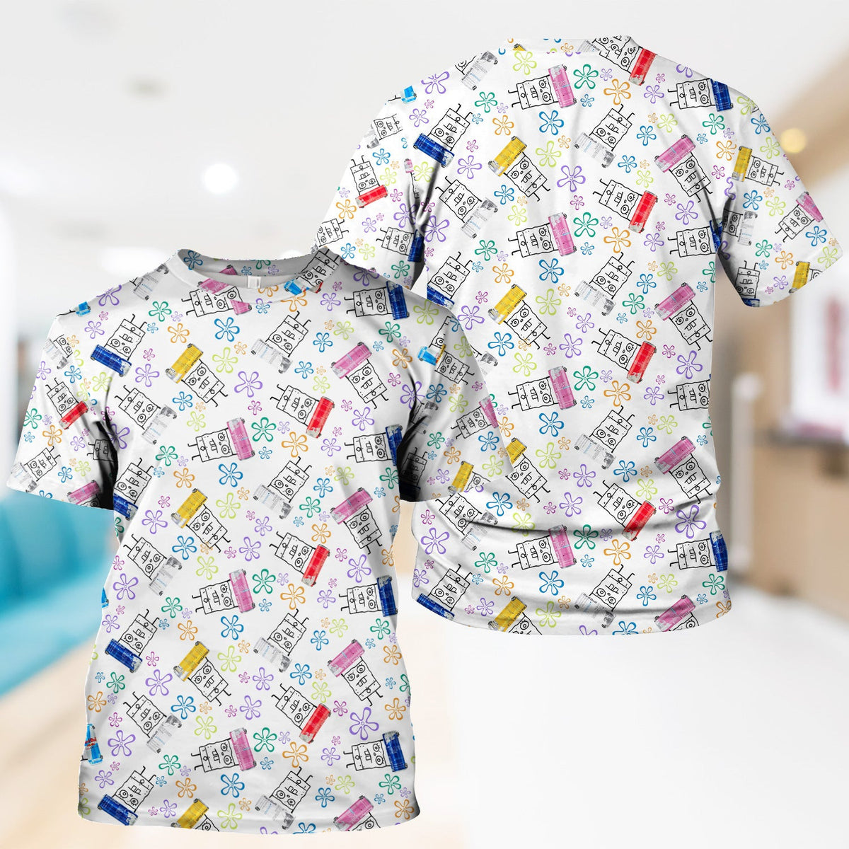 Doodle Bob Energy Drink Nurse Scrub Top - Cute Cartoon Medical Design - RN MD CNA RT Paramedic Healthcare Gift