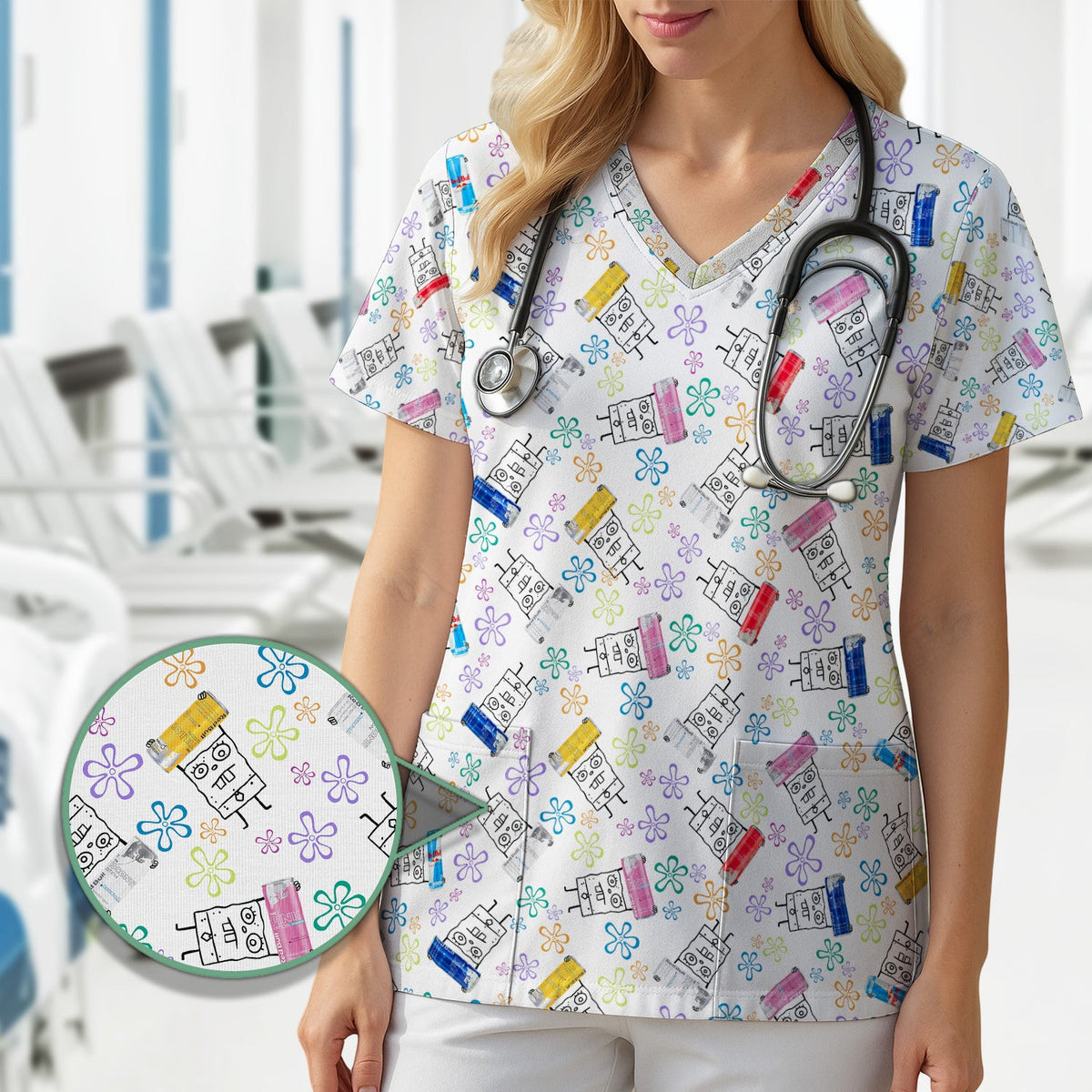 Doodle Bob Energy Drink Nurse Scrub Top - Cute Cartoon Medical Design - RN MD CNA RT Paramedic Healthcare Gift
