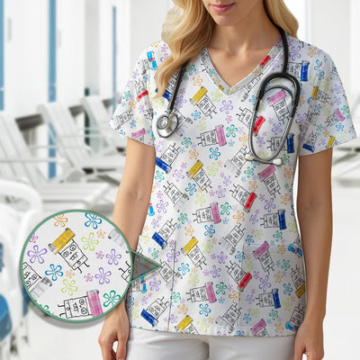 Doodle Bob Energy Drink Nurse Scrub Top - Cute Cartoon Medical Design - RN MD CNA RT Paramedic Healthcare Gift