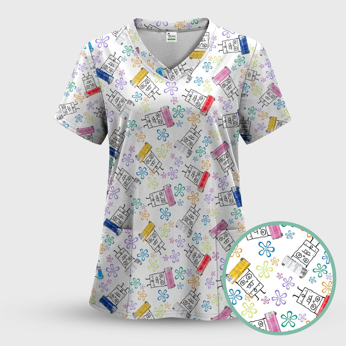 Doodle Bob Energy Drink Nurse Scrub Top - Cute Cartoon Medical Design - RN MD CNA RT Paramedic Healthcare Gift